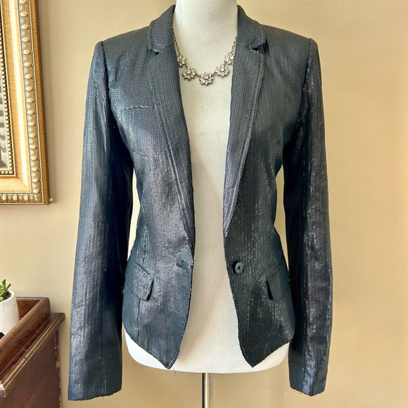 Free People Black Matte Sequin Blazer One Button Jacket Size 8 - Picture 1 of 12